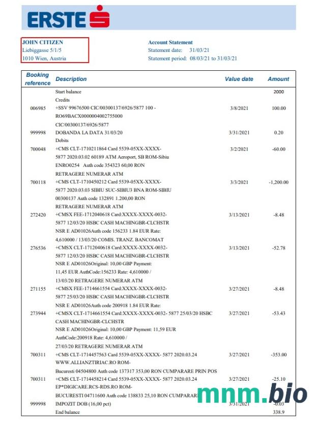 Austria Bank Austria wyciąg bankowy łatwy do wypełnienia szablon w formacie Excel i PDF